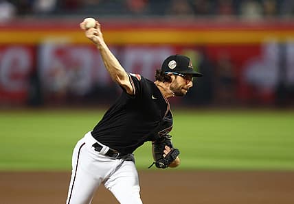 Aug 22, 2023; Phoenix, Arizona, USA; Arizona Diamondbacks pitcher Zac Gallen against the Texas Rangers at Chase Field. Mandatory Credit: Mark J. Rebilas-USA TODAY Sports