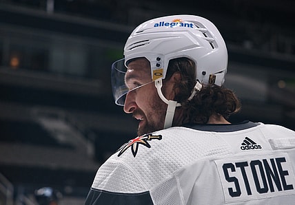 Mar 5, 2021; San Jose, California, USA; Vegas Golden Knights right wing Mark Stone (61) looks on between plays against the San Jose Sharks during the second period at SAP Center at San Jose. Mandatory Credit: Kelley L Cox-USA TODAY Sports