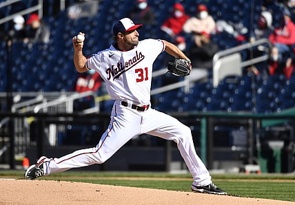 Apr 21, 2021; Washington, District of Columbia, USA; Washington Nationals starting pitcher Max Scherzer (31) throws to the St. Louis Cardinals during the second inning at Nationals Park. Mandatory Credit: Brad Mills-USA TODAY Sports