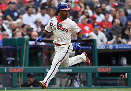 Jun 12, 2021; Philadelphia, Pennsylvania, USA; Philadelphia Phillies infielder Jean Segura (2) advances home to score a run during the first inning against the New York Yankees at Citizens Bank Park. Mandatory Credit: Kyle Ross-USA TODAY Sports