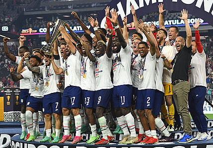 Aug 1, 2021; Las Vegas, Nevada, USA; USA players celebrate after defeating Mexico 1-0 in extra time to win the CONCACAF Gold Cup final soccer match at Allegiant Stadium. Mandatory Credit: Stephen R. Sylvanie-USA TODAY Sports