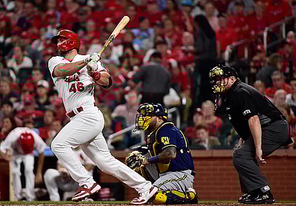 Sep 28, 2021; St. Louis, Missouri, USA;  St. Louis Cardinals first baseman Paul Goldschmidt (46) hits a single during the third inning against the Milwaukee Brewers at Busch Stadium. Mandatory Credit: Jeff Curry-USA TODAY Sports