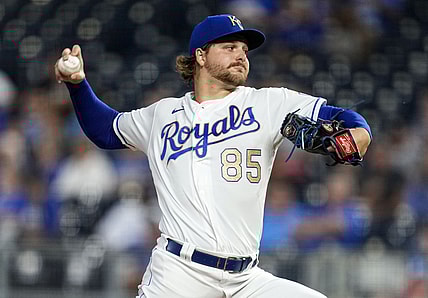 Oct 1, 2021; Kansas City, Missouri, USA; Kansas City Royals starting pitcher Jon Heasley (85) pitches against the Minnesota Twins during the first inning at Kauffman Stadium. Mandatory Credit: Jay Biggerstaff-USA TODAY Sports