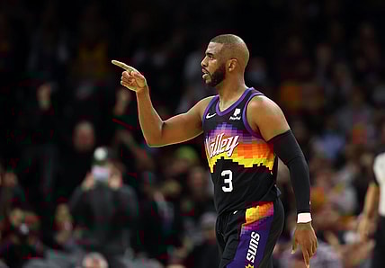 Feb 1, 2022; Phoenix, Arizona, USA; Phoenix Suns guard Chris Paul (3) reacts against the Brooklyn Nets at Footprint Center. Mandatory Credit: Mark J. Rebilas-USA TODAY Sports