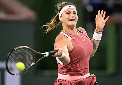 Mar 8, 2022; Indian Wells, CA, USA;  Aryna Sabalenka participates in the Eisenhower Cup, a charity event using the the Tie Break Tens format  at the BNP Paribas Open at Indian Wells Tennis Garden. Mandatory Credit: Jayne Kamin-Oncea-USA TODAY Sports