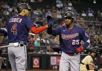 Jun 17, 2022; Phoenix, Arizona, USA; Minnesota Twins center fielder Byron Buxton (25) reacts after hitting a home run off Arizona Diamondbacks starting pitcher Madison Bumgarner in the first inning at Chase Field.

Mlb Minnesota Twins At Arizona Diamondbacks