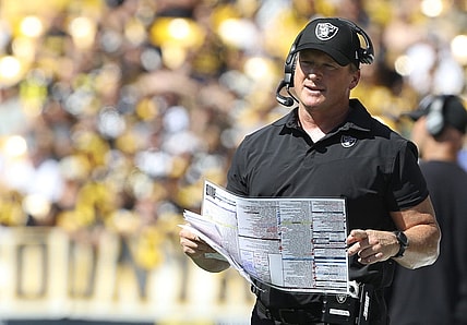 Sep 19, 2021; Pittsburgh, Pennsylvania, USA;  Las Vegas Raiders head coach Jon Gruden looks on from the sidelines against the Pittsburgh Steelers during the second quarter at Heinz Field. Las Vegas won 26-17.  Mandatory Credit: Charles LeClaire-USA TODAY Sports