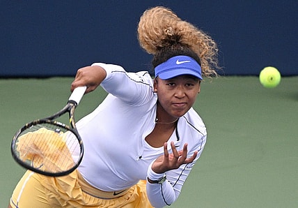 Aug 9, 2022; North York, ON, Canada;  Naomi Osaka (JPN) serves against Kaia Kanepi (EST) (not pictured) at Sobeys Stadium. Mandatory Credit: Dan Hamilton-USA TODAY Sports