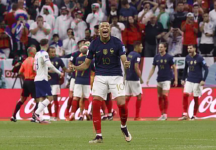 Dec 10, 2022; Al Khor, Qatar; France forward Kylian Mbapp   (10) celebrates after a saved penalty kick during the second half of a quarterfinal game against England in the 2022 FIFA World Cup at Al-Bayt Stadium. Mandatory Credit: Yukihito Taguchi-USA TODAY Sports