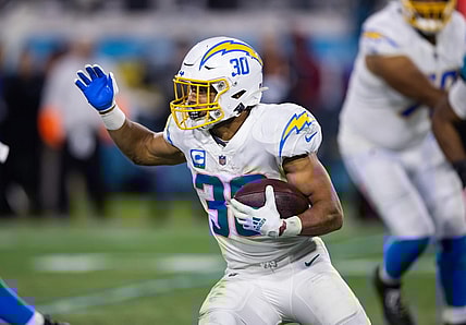 Jan 14, 2023; Jacksonville, Florida, USA; Los Angeles Chargers running back Austin Ekeler (30) against the Jacksonville Jaguars during a wild card playoff game at TIAA Bank Field. Mandatory Credit: Mark J. Rebilas-USA TODAY Sports