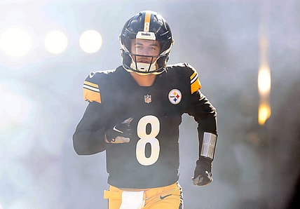 Jan 8, 2023; Pittsburgh, Pennsylvania, USA;  Pittsburgh Steelers quarterback Kenny Pickett (8) takes the field against the Cleveland Browns during the first quarter at Acrisure Stadium. Mandatory Credit: Charles LeClaire-USA TODAY Sports