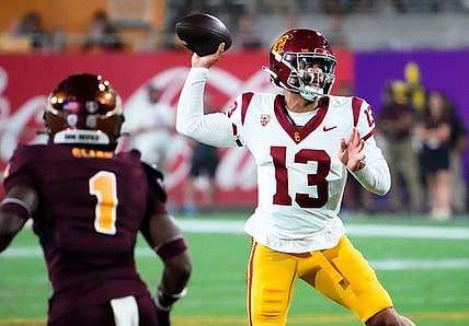 Sep 23, 2023; Tempe, Arizona, USA; USC Trojans quarterback Caleb Williams (13) throws a pass against the Arizona State Sun Devils in the first half at Mountain America Stadium. Mandatory Credit: Rob Schumacher-Arizona Republic