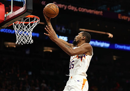 Nov 22, 2023; Phoenix, Arizona, USA; Phoenix Suns forward Kevin Durant (35) against the Golden State Warriors in the second half at Footprint Center. Mandatory Credit: Mark J. Rebilas-USA TODAY Sports
