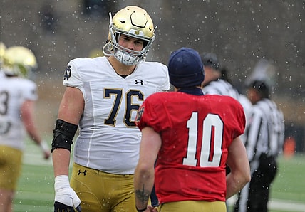 Notre Dame All-American left tackle Joe Alt, like Fighting Irish quarterback Sam Hartman (10), decided to skip the Sun Bowl to begin preparation for the 2024 NFL Draft.