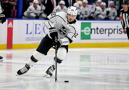 Feb 13, 2024; Buffalo, New York, USA;  Los Angeles Kings left wing Kevin Fiala (22) controls the puck during the third period against the Buffalo Sabres at KeyBank Center. Mandatory Credit: Timothy T. Ludwig-USA TODAY Sports
