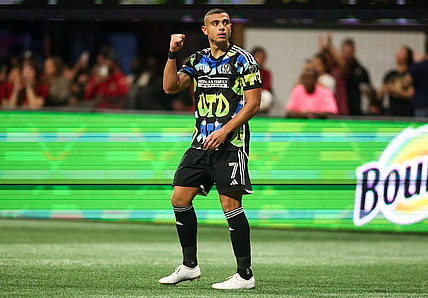 Nov 7, 2023; Atlanta, Georgia, USA; Atlanta United forward Giorgos Giakoumakis (7) celebrates after a goal in first half against Columbus Crew at Mercedes-Benz Stadium. Mandatory Credit: Brett Davis -USA TODAY Sports