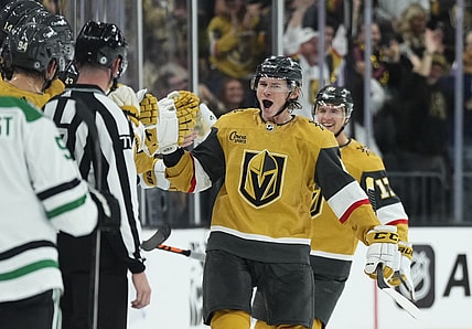 Korczak on the fly-by after scoring his first career NHL goal. (Photo/Screenshot- Vegas Golden Knights via Twitter)