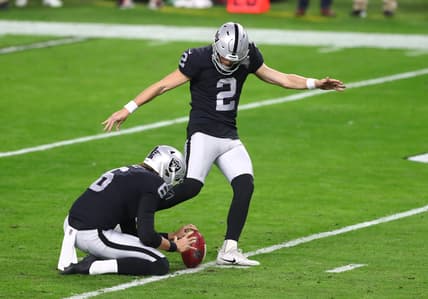 Dec 26, 2020; Paradise, Nevada, USA; Las Vegas Raiders kicker Daniel Carlson (2) against the Miami Dolphins at Allegiant Stadium. Mandatory Credit: Mark J. Rebilas-USA TODAY Sports
