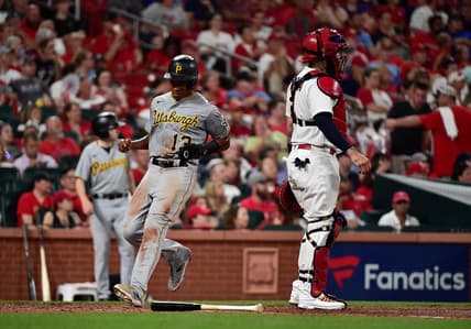 Jun 25, 2021; St. Louis, Missouri, USA;  Pittsburgh Pirates third baseman Ke'Bryan Hayes (13) scores on a single by catcher Jacob Stallings (not pictured) during the fifth inning against the St. Louis Cardinals at Busch Stadium. Mandatory Credit: Jeff Curry-USA TODAY Sports