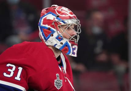 Jul 2, 2021; Montreal, Quebec, CAN; Montreal Canadiens goalie Carey Price (31) during the second period in game three of the 2021 Stanley Cup Final against the Tampa Bay Lightning at the Bell Centre. Mandatory Credit: Eric Bolte-USA TODAY Sports
