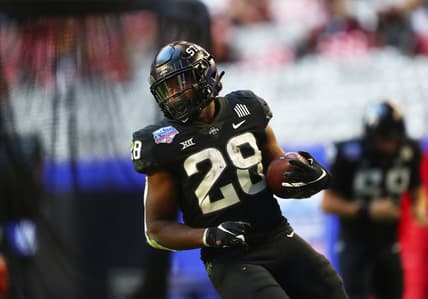Jan 2, 2021; Glendale, AZ, USA; Iowa State Cyclones running back Breece Hall (28) against the Oregon Ducks in the Fiesta Bowl at State Farm Stadium. Mandatory Credit: Mark J. Rebilas-USA TODAY Sports