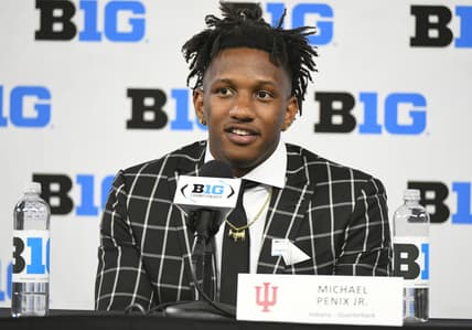 Jul 23, 2021; Indianapolis, Indiana, USA; Indiana Hoosiers quarterback Michael Penix Jr. speaks to the media during Big 10 media days at Lucas Oil Stadium. Mandatory Credit: Robert Goddin-USA TODAY Sports