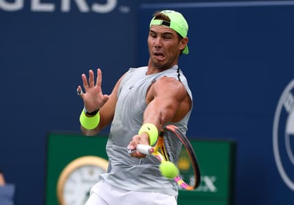 Aug 8, 2021; Toronto, Ontario, Canada;  Rafael Nadal of Spain plays a shot during practice before the start of the National Bank Open. Mandatory Credit: Dan Hamilton-USA TODAY Sports