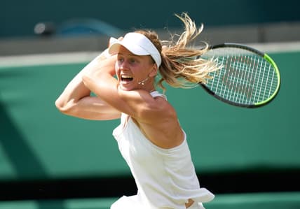 Jul 2, 2021; London, United Kingdom;  Liudmila Samsonova (RUS) seen playing Sloane Stephens (USA) in the womens third round at All England Lawn Tennis and Croquet Club. Mandatory Credit: Peter van den Berg-USA TODAY Sports