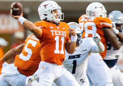 Sep 18, 2021; Austin, Texas, USA; Texas Longhorns quarterback Casey Thompson (11) passes the ball against the Rice Owls during the first quarter at Darrell K Royal-Texas Memorial Stadium. Mandatory Credit: John Gutierrez-USA TODAY Sports