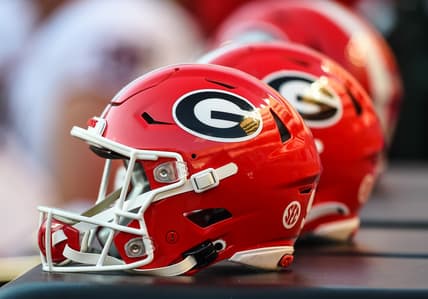 Nov 13, 2021; Knoxville, Tennessee, USA; Georgia Bulldogs helmets sit on the sideline in a game against the Tennessee Volunteers at Neyland Stadium. Mandatory Credit: Bryan Lynn-USA TODAY Sports