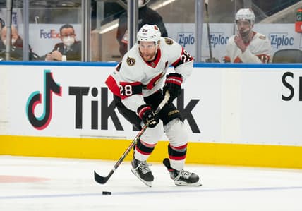 Jan 1, 2022; Toronto, Ontario, CAN; Ottawa Senators right wing Connor Brown (28) skates with the puck during the second period against the Toronto Maple Leafs at Scotiabank Arena. Mandatory Credit: Nick Turchiaro-USA TODAY Sports