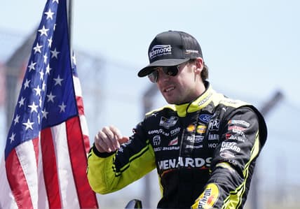 Mar 27, 2022; Austin, Texas, USA; NASCAR Cup Series driver Ryan Blaney (12) before the start of the EchoPark Automotive Texas Grand Prix at Circuit of the Americas. Mandatory Credit: Mike Dinovo-USA TODAY Sports