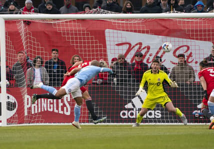 Apr 2, 2022; Toronto, Ontario, CAN; New York City forward H  ber (9) scores a goal on Toronto FC goalkeeper Alex Bono (25) during the second half at BMO Field. Mandatory Credit: Nick Turchiaro-USA TODAY Sports