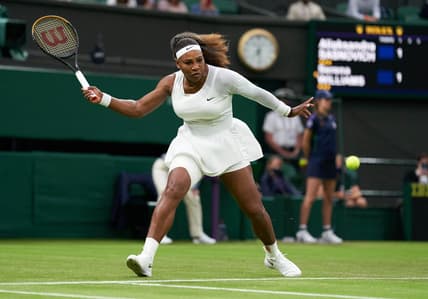 Jun 29, 2021; London, United Kingdom;  Serena Williams (USA) seen playing Aliaksandra Sasnovich (BLR) in first round ladies singles on centre court at All England Lawn Tennis and Croquet Club.  Mandatory Credit: Peter Van den Berg-USA TODAY Sports