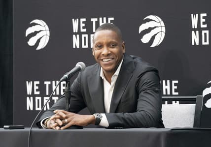 Sep 26, 2022; Toronto, Ontario, CA; Masai Ujiri Vice Chairman and Team President of the Toronto Raptors talks to the media during Media Day at the Hotel X. Mandatory Credit: Nick Turchiaro-USA TODAY Sports