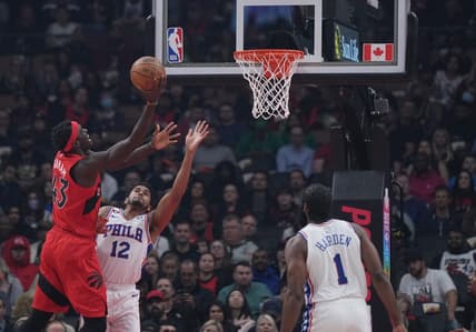 Oct 28, 2022; Toronto, Ontario, CAN; Toronto Raptors forward Pascal Siakam (43) moves to the basket against Philadelphia 76ers forward Tobias Harris (12) during the first quarter at Scotiabank Arena against the Toronto Raptors. Mandatory Credit: Nick Turchiaro-USA TODAY Sports