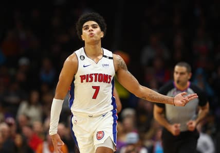 Nov 25, 2022; Phoenix, Arizona, USA; Detroit Pistons guard Killian Hayes (7) celebrates a three point shot against the Phoenix Suns in the first half at Footprint Center. Mandatory Credit: Mark J. Rebilas-USA TODAY Sports