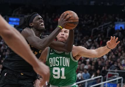 Jan 21, 2023; Toronto, Ontario, CAN; Toronto Raptors forward Pascal Siakam (43) drives to the basket as Boston Celtics forward Blake Griffin (91) defends during the third quarter at Scotiabank Arena. Mandatory Credit: Nick Turchiaro-USA TODAY Sports