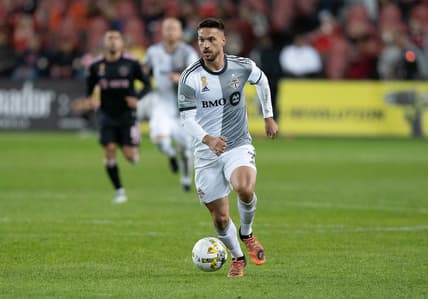 Sep 30, 2022; Toronto, Ontario, CAN; Toronto FC forward Jesus Jimenez (9) controls the ball against Inter Miami during the second half at BMO Field. Mandatory Credit: Nick Turchiaro-USA TODAY Sports