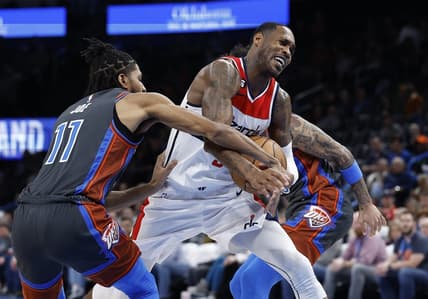 Jan 6, 2023; Oklahoma City, Oklahoma, USA; Washington Wizards forward Will Barton (5) drives against Oklahoma City Thunder guard Isaiah Joe (11) during the second half at Paycom Center. Mandatory Credit: Alonzo Adams-USA TODAY Sports