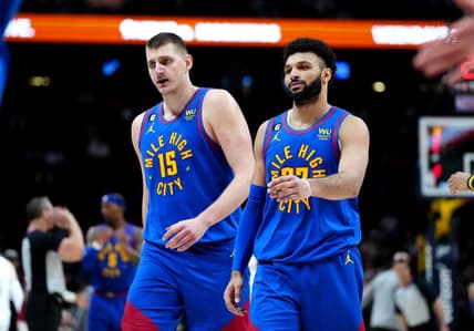 Jan 6, 2023; Denver, Colorado, USA; Denver Nuggets center Nikola Jokic (15) and guard Jamal Murray (27) during the second half at Ball Arena. Mandatory Credit: Ron Chenoy-USA TODAY Sports