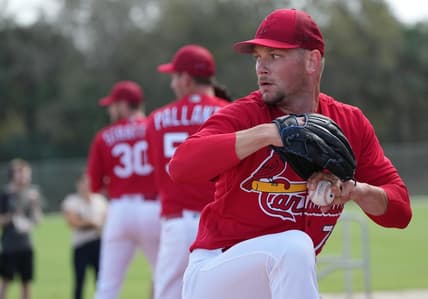 Feb 18, 2023; Jupiter, FL, USA;  St. Louis Cardinals pitcher Anthony Misiewicz (72) warms up during spring training. Mandatory Credit: Jim Rassol-USA TODAY Sports