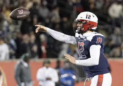 Feb 18, 2023; Houston, TX, USA; Houston Roughnecks quarterback Brandon Silvers (12) throws a pass against the Orlando Guardians in the fourth quarter at TDECU Stadium. Mandatory Credit: Thomas Shea-USA TODAY Sports