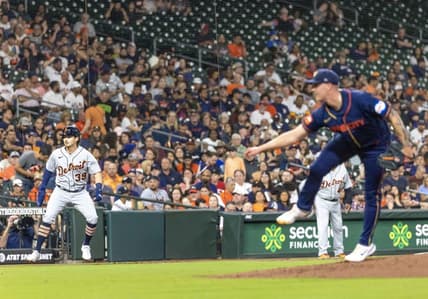 Apr 3, 2023; Houston, Texas, USA; Detroit Tigers second baseman Zach McKinstry (39) leads off third base as Houston Astros starting pitcher Hunter Brown (58) pitches in the second inning at Minute Maid Park. Mandatory Credit: Thomas Shea-USA TODAY Sports