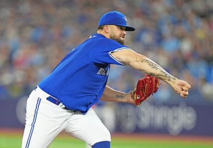 Apr 11, 2023; Toronto, Ontario, CAN; Toronto Blue Jays starting pitcher Alek Manoah (6) throws a pitch against the Detroit Tigers during the first inning at the Rogers Centre. Mandatory Credit: Nick Turchiaro-USA TODAY Sports