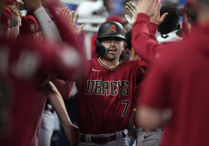 Apr 16, 2023; Miami, Florida, USA; Arizona Diamondbacks center fielder Corbin Carroll (7) celebrates a two-run home run in the sixth inning against the Miami Marlins at loanDepot Park. Mandatory Credit: Jim Rassol-USA TODAY Sports
