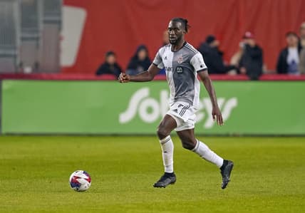 Apr 29, 2023; Toronto, Ontario, CAN; Toronto FC forward CJ Sapong (9) controls the ball against New York City FC during the second half at BMO Field. Mandatory Credit: Nick Turchiaro-USA TODAY Sports