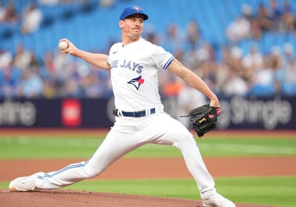 May 12, 2023; Toronto, Ontario, CAN; Toronto Blue Jays starting pitcher Chris Bassitt (40) throws a pitch against the Atlanta Braves during the first inning at Rogers Centre. Mandatory Credit: Nick Turchiaro-USA TODAY Sports