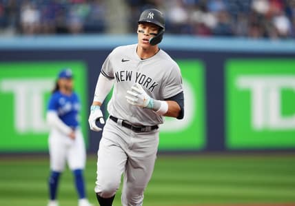 May 15, 2023; Toronto, Ontario, CAN; New York Yankees right fielder Aaron Judge (99) runs the bases after hitting a home run against the Toronto Blue Jays during the first inning at Rogers Centre. Mandatory Credit: Nick Turchiaro-USA TODAY Sports