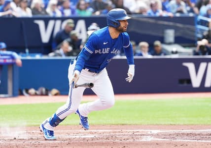 May 20, 2023; Toronto, Ontario, CAN; Toronto Blue Jays center fielder Kevin Kiermaier (39) reacts after hitting a ball against the Baltimore Orioles during the third inning at Rogers Centre. Mandatory Credit: Nick Turchiaro-USA TODAY Sports